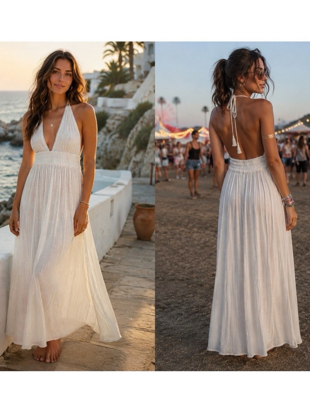 America & Beyond White Lurex Stripe Halter Maxi Dress